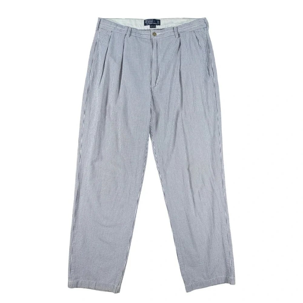 Polo‎ Ralph Lauren Andrew Pant Mens 35x32 Blue White Seersucker Pleated Trousers
